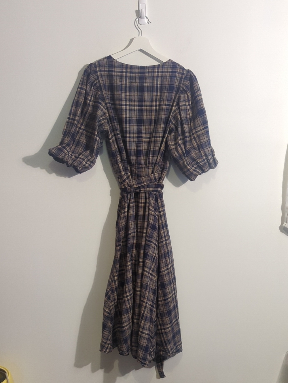 OAK + FORT navy and tan plaid cotton wrap dress - size large - Picture 8 of 9